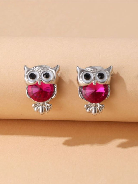 Cute Charms Silver Color Crystal Rhinestone Owl Stud