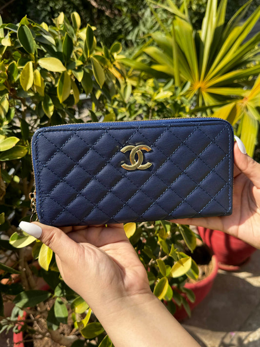 Quilted Blue Leather Bifold Long Wallet