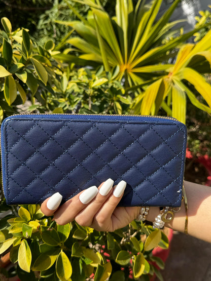 Quilted Blue Leather Bifold Long Wallet