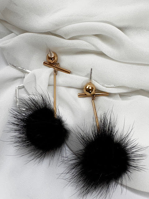 Pom Pom Earrings - Korean style mink Hair- Black