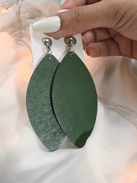 Dangle Drop Wooden Petal Earrings- Sea Green